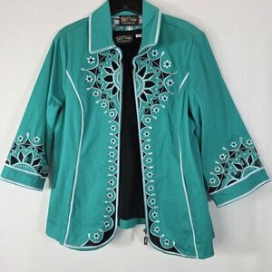 Bob Mackie Wearable Art Teal Embroidered Jacket & Tee Set Size M